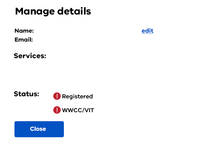 The Manage details screen in Child Link.