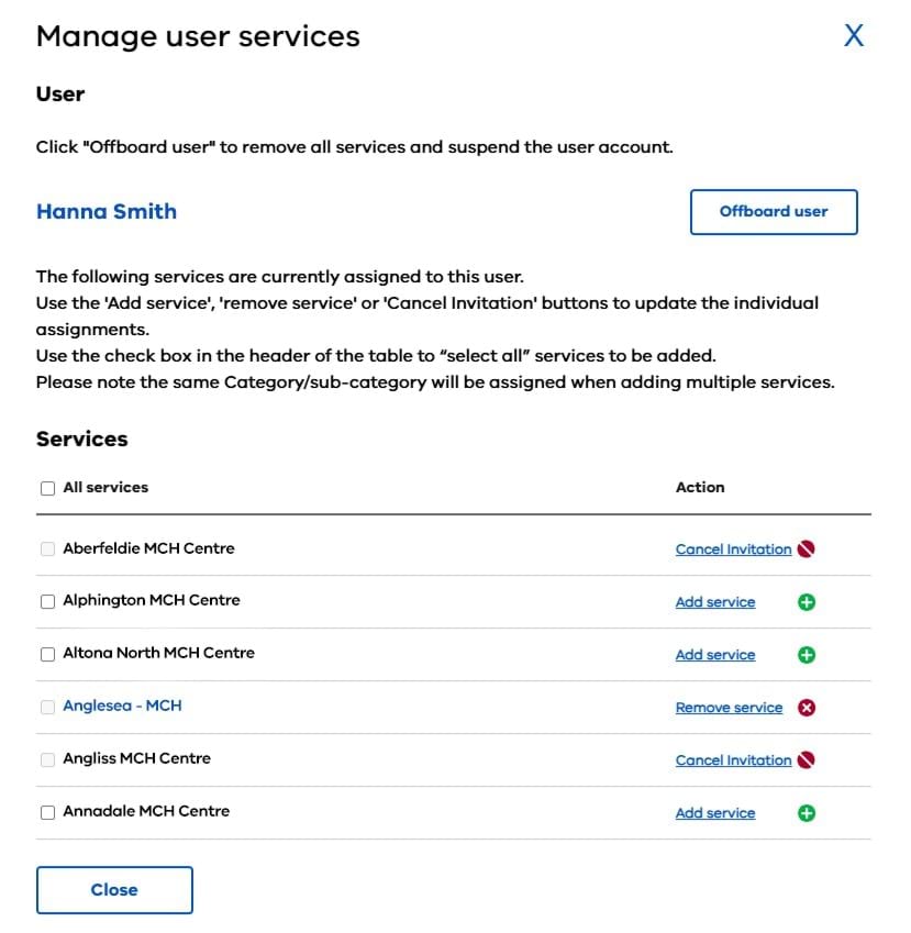 The Manage User Services screen in Child Link.