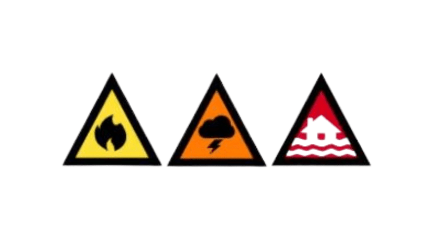 Three of the Australian Warning System (AWS) icons - triangles in yellow, orange and red. 