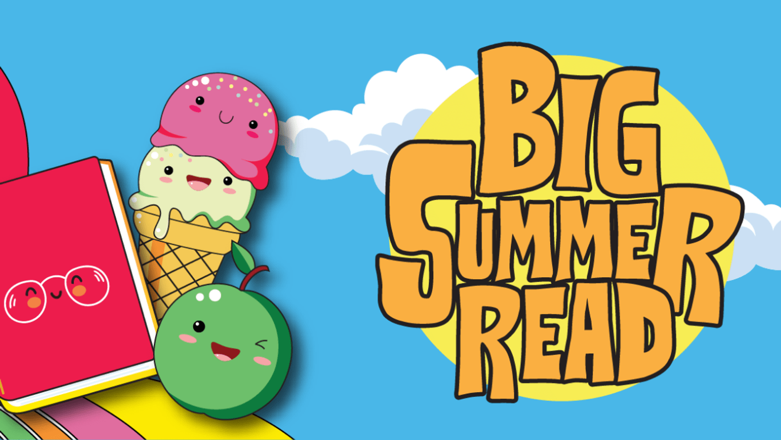 Big Summer Read feature image with the title, "Big Summer Read" next to an icecream, a book and apple with cute faces.