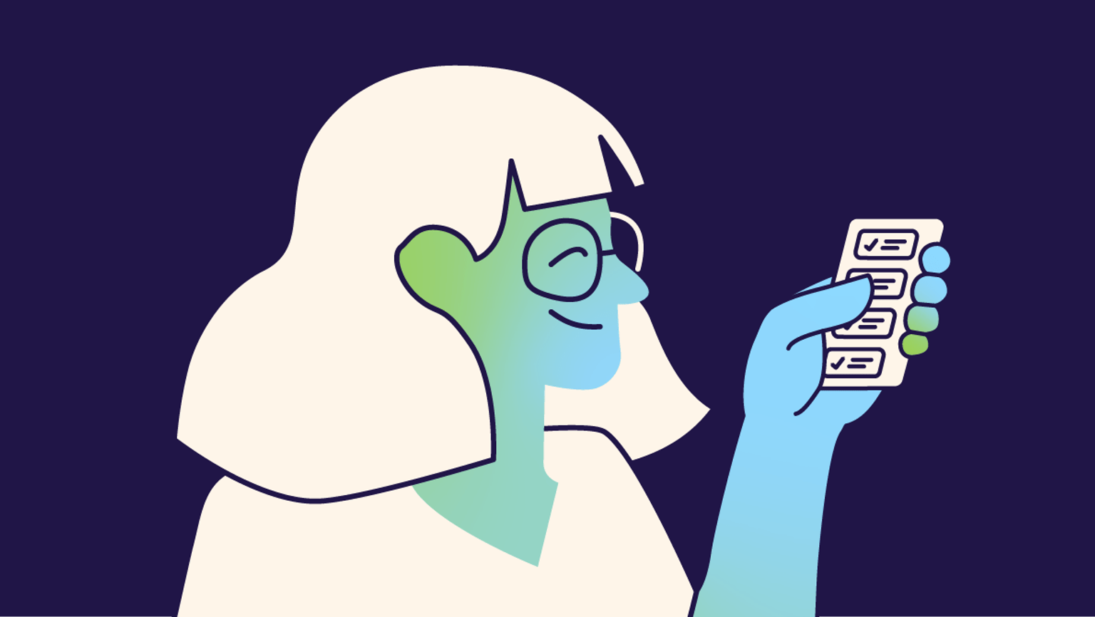 Cartoon image of woman with white hair setting up MFA on a mobile phone with blue background