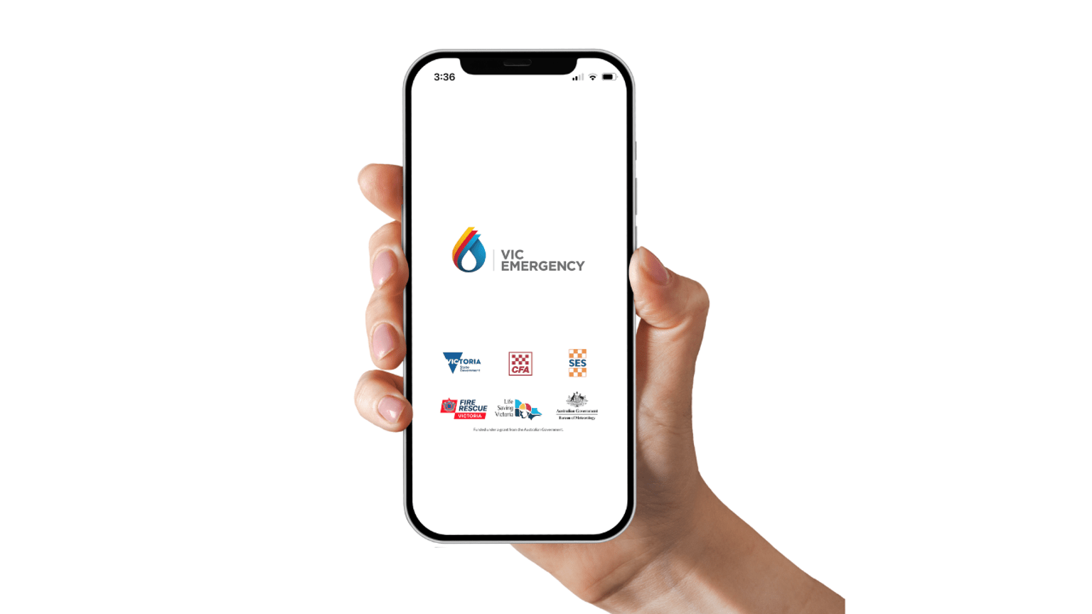 hand holding an iphone showing the VicEmergency logo and other emergency agencies.