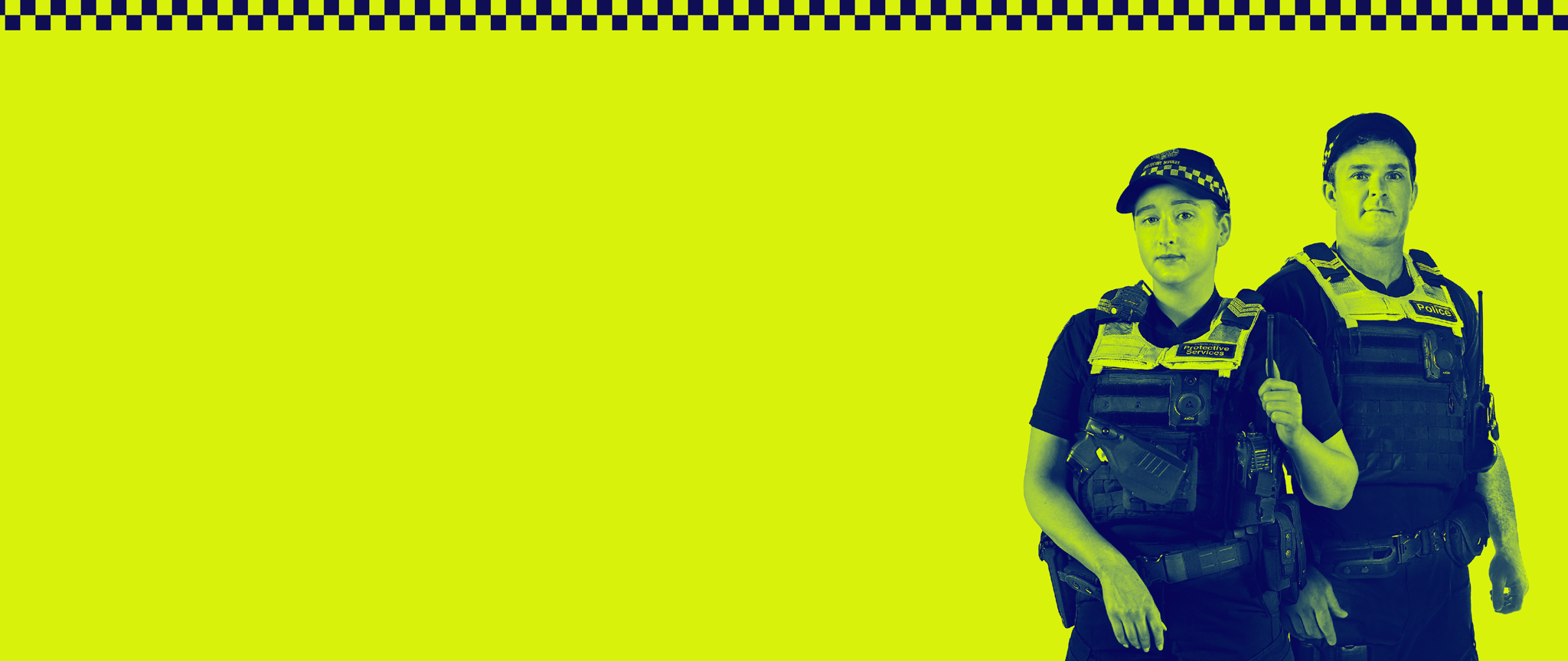 Two Victorian PSOs standing in front of a yellow background. Police tap runs across the top of the image. The image is promoting the new 90-day PSO program to keep Victorians safe across the 2025/26 summer.