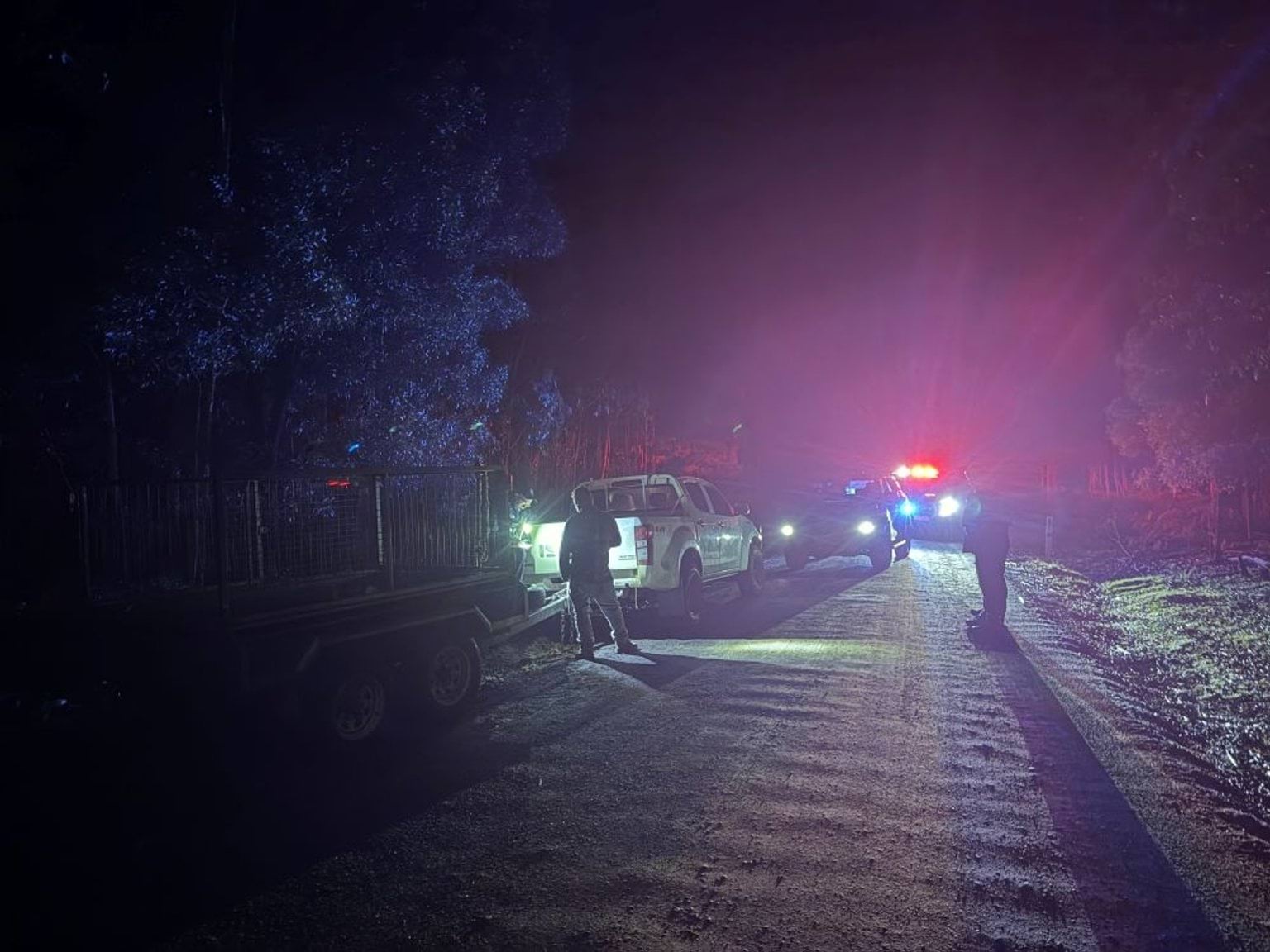 Trailer truck being inspected, police car with siren lights lit up in the background
