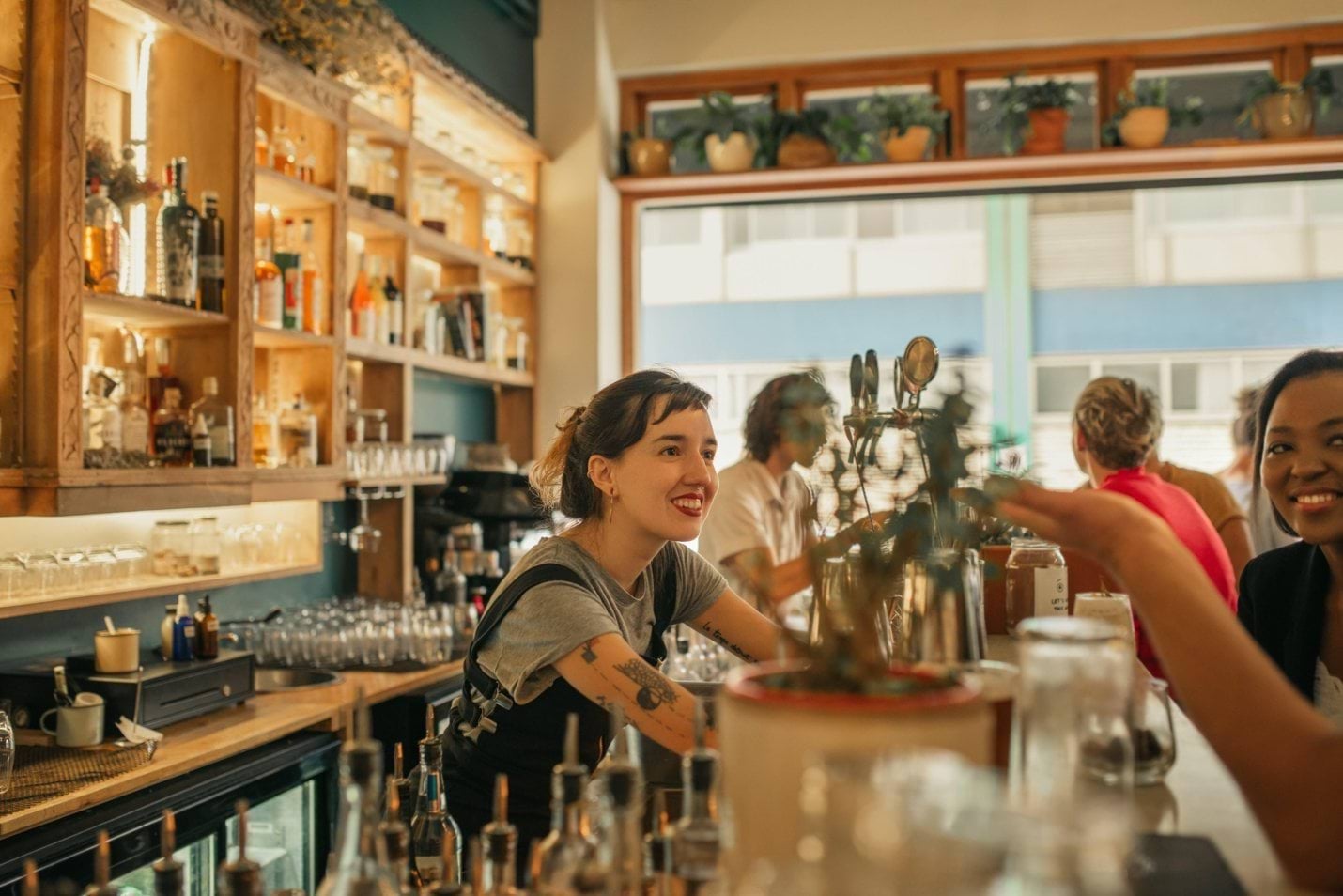 A cozy bar interior with wooden shelves stocked with liquor bottles and glassware. A person wearing a gray shirt and dark apron is working behind the counter, which is lined with various bottles and cocktail-making tools. In the background, other patrons are seated near a large window with potted plants on the sill, allowing natural light to brighten the space.