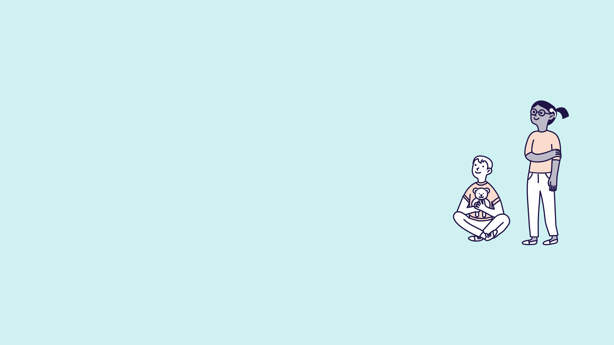Illustration of two children on a blue background one sitting with a teddy bear and one standing.