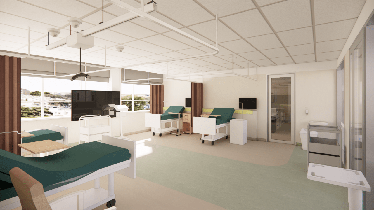 An artist's render of a hospital nursing ward.