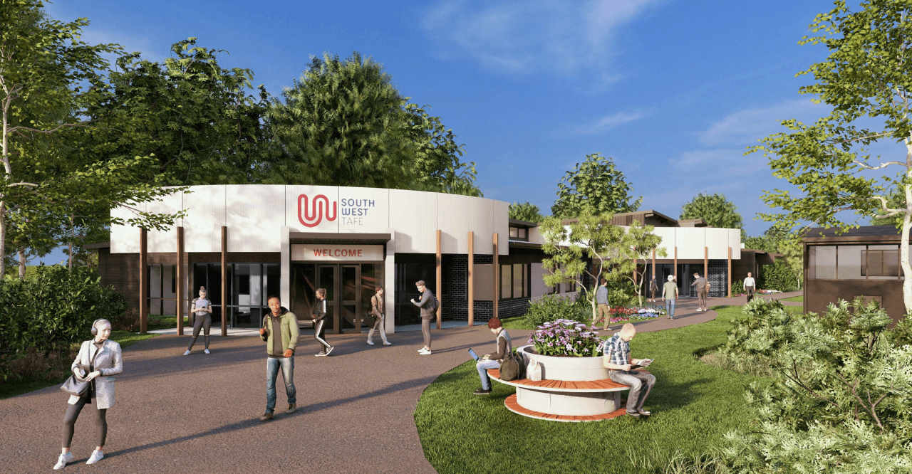An artist's render of the outside of a South West TAFE building with a white rounded facade in a green space.