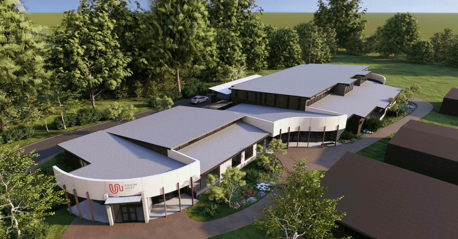 An artist's render of a new building with rounded facades set in a tree-lined space.