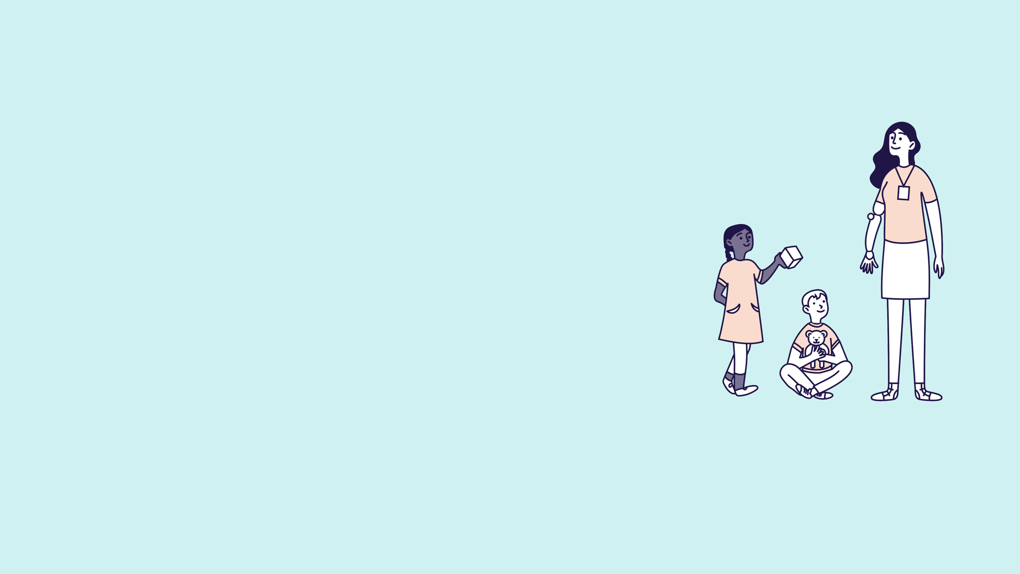 Illustration of an adult standing with two children, one holding a block and another sitting with a teddy bear.