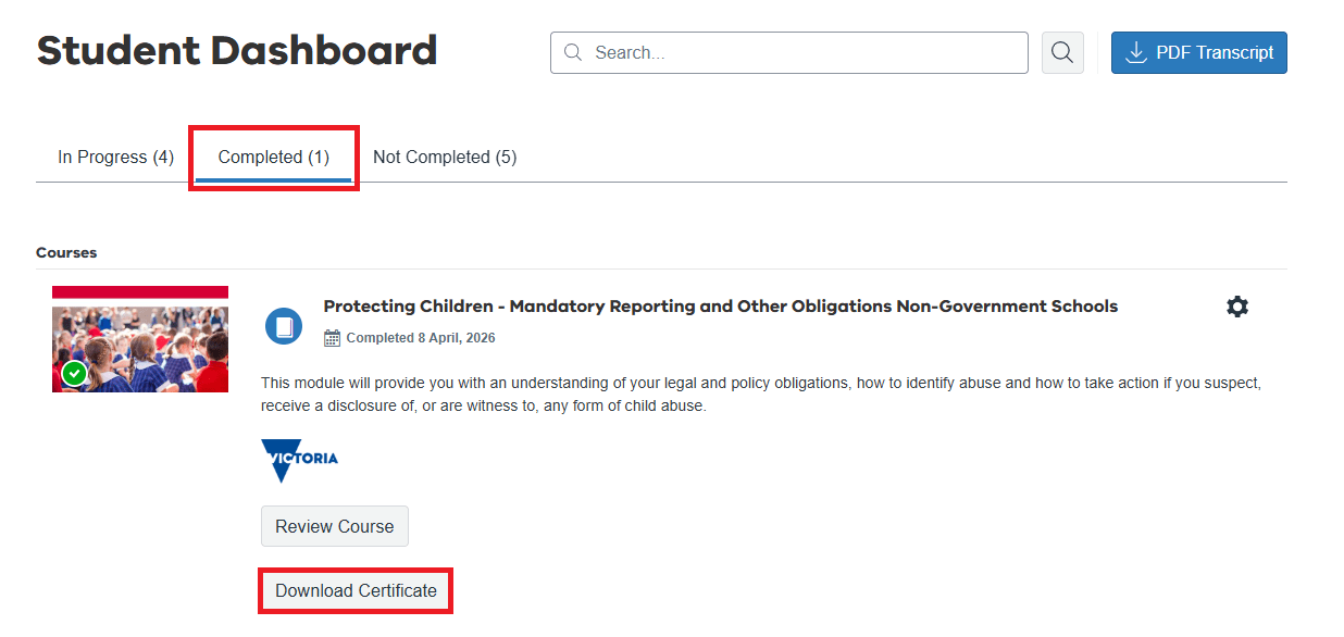 Image of Mandatory Reporting Non-Government Schools course page student dashboard with Download Certificate button highlighted.