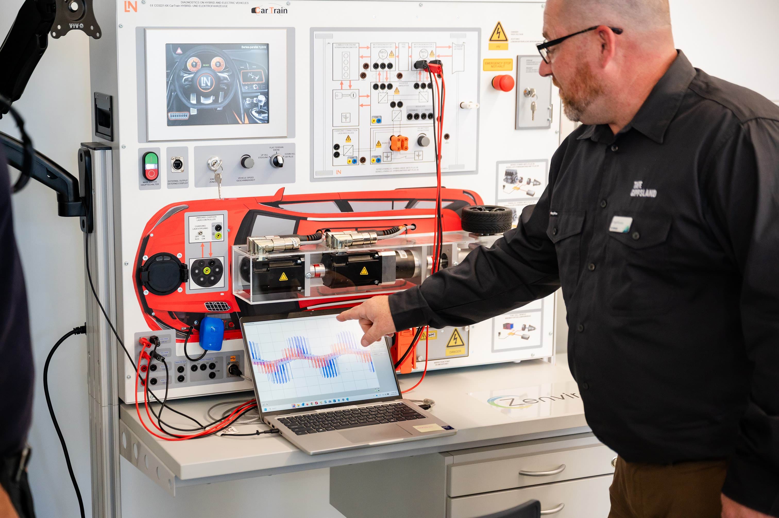 A person is providing a technical demonstration whilst pointing at a laptop displaying coloured waveforms.
