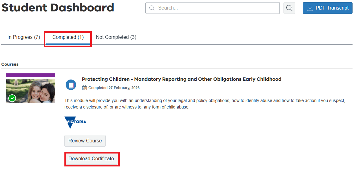 Image of Mandatory Reporting Early Childhood course page student dashboard with Download Certificate button highlighted.