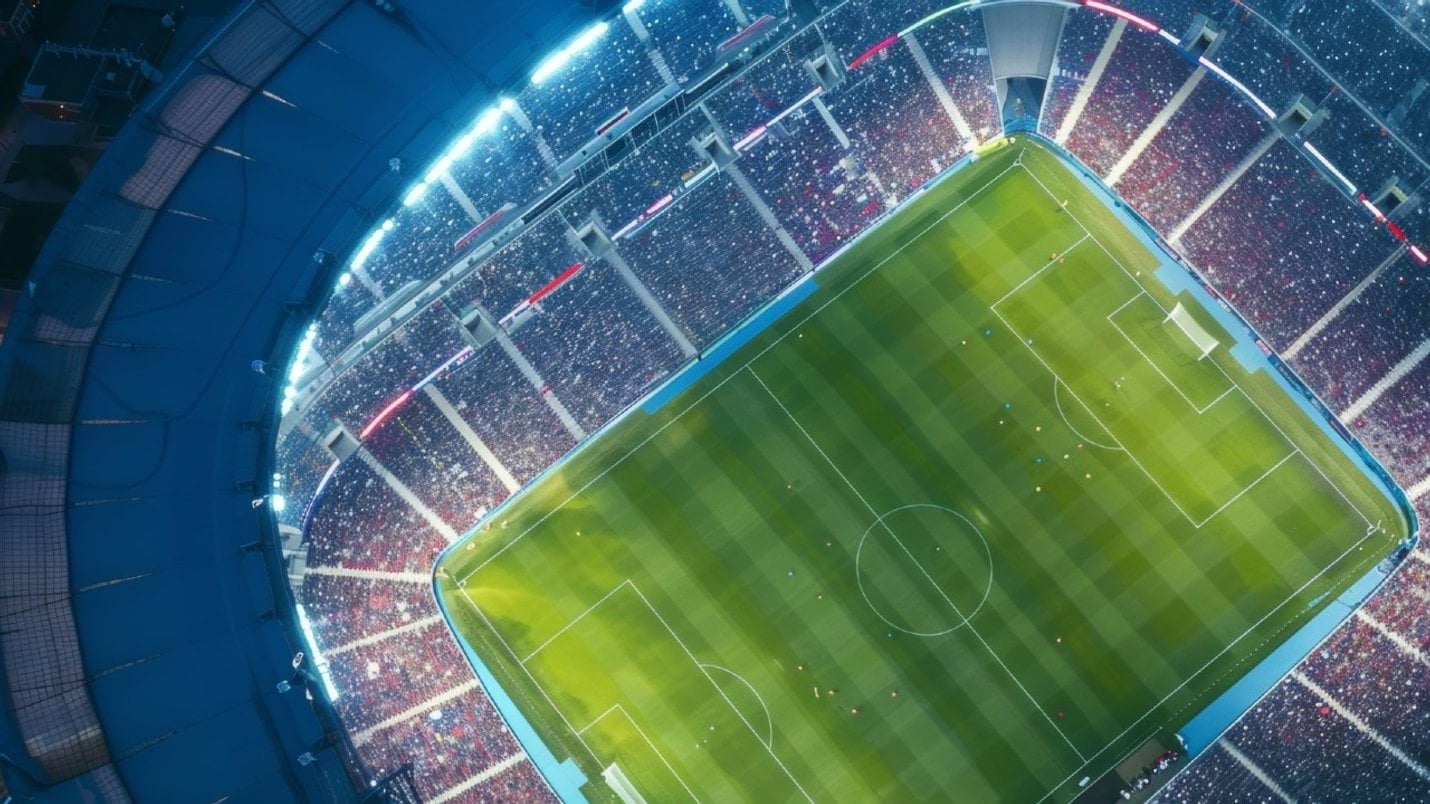 Aerial view of a brightly lit soccer stadium at night, with a green pitch centered below and packed stands surrounding it.