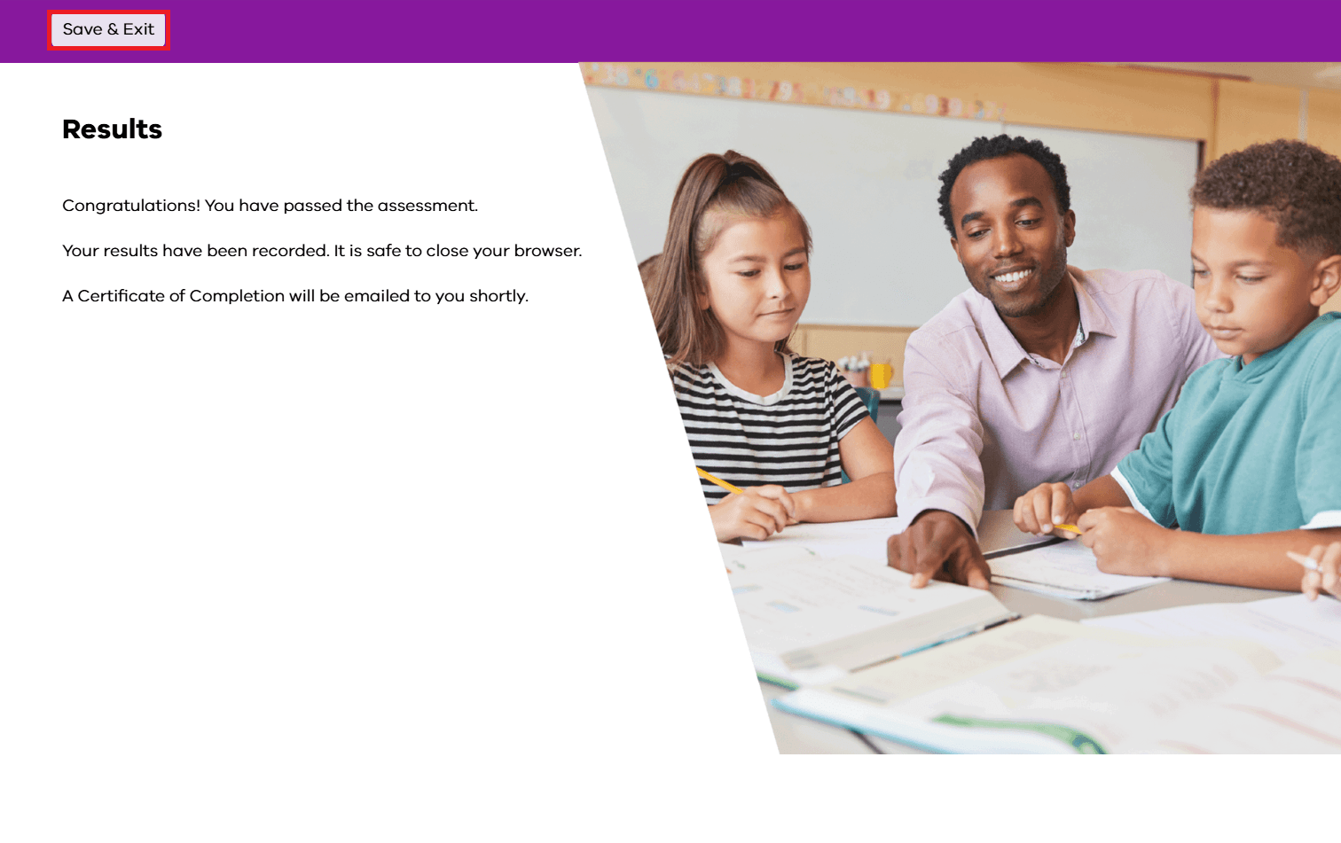 Image of end of 'Protecting Children - Mandatory Reporting and Other Obligations Early Childhood' assessment module