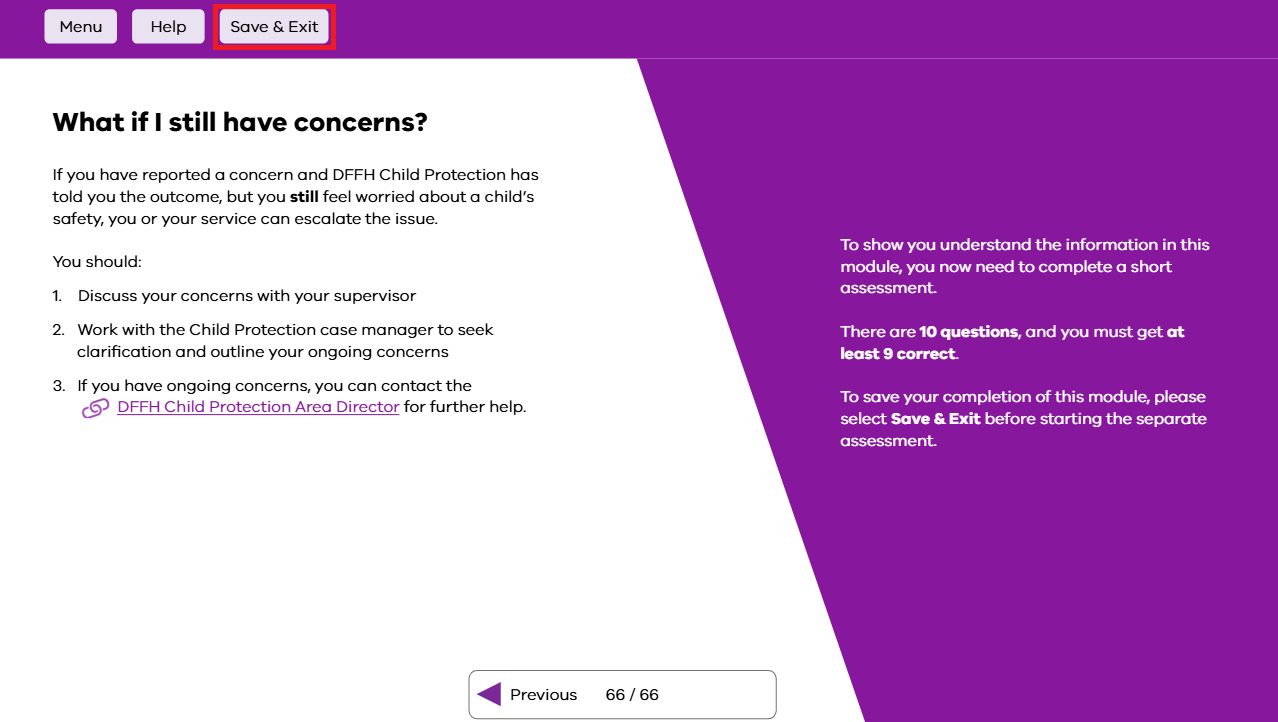 Image of end screen of Protecting Children - Mandatory Reporting and Other Obligations Early Childhood course, prompting user to exit the learning module.