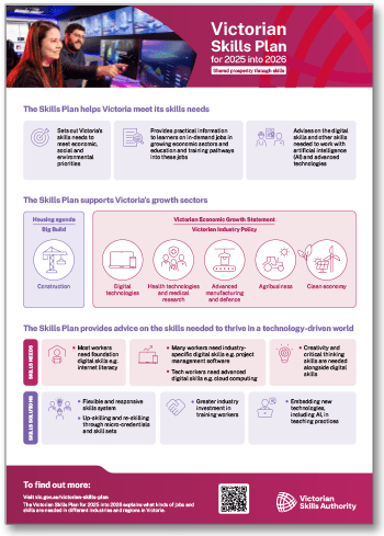 Thumbnail of the Victorian Skills Plan for 2025 into 2026 VSP 2025 general fact sheet