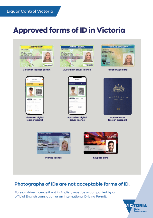 A poster with images of 8 different types of ID that are approved in Victoria. These include passport, drivers licences and digital id.