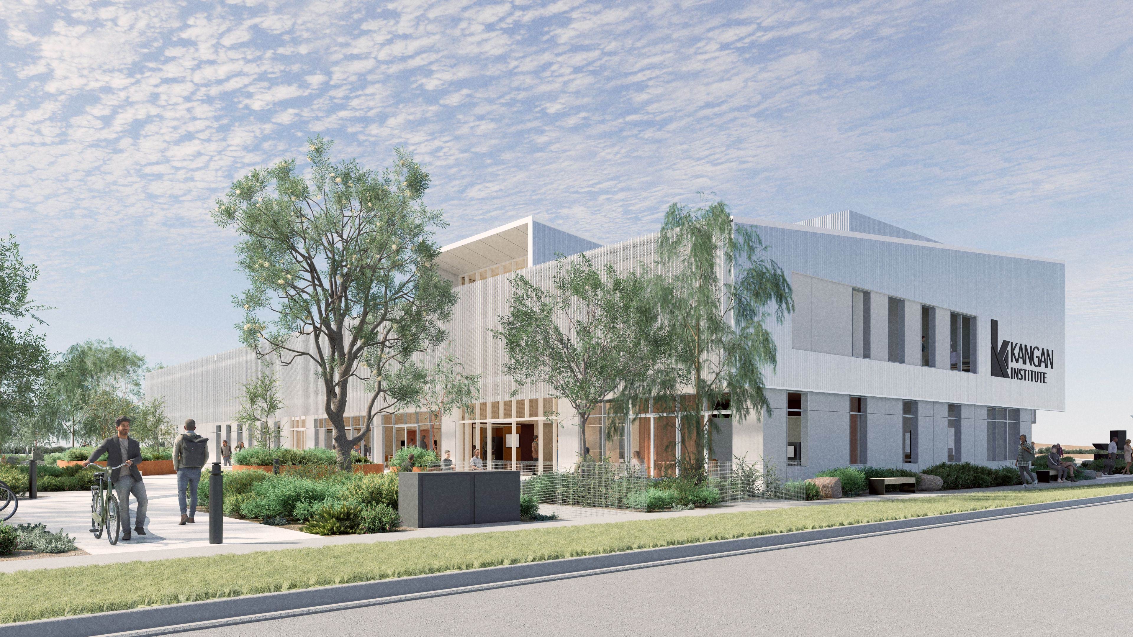 An artist's render of a large white Kangan Institute building, with large trees and green spaces.