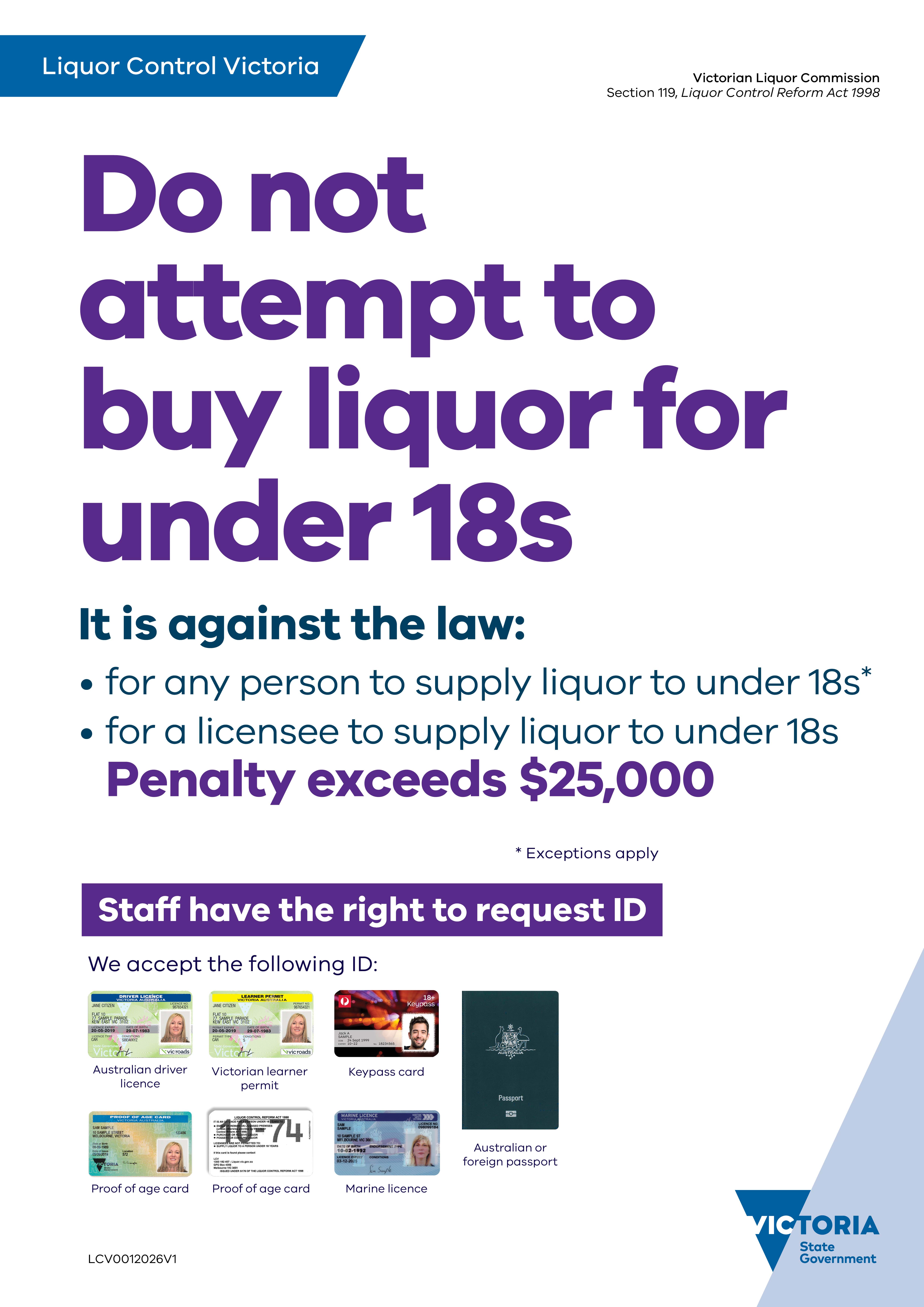 Do not attempt to buy liquor for under 18's poster with text: It is against the law: - for any person to supply liquor to under 18's - for a licensee to supply liquor to under 18's. Penalty exceeds $25,000
