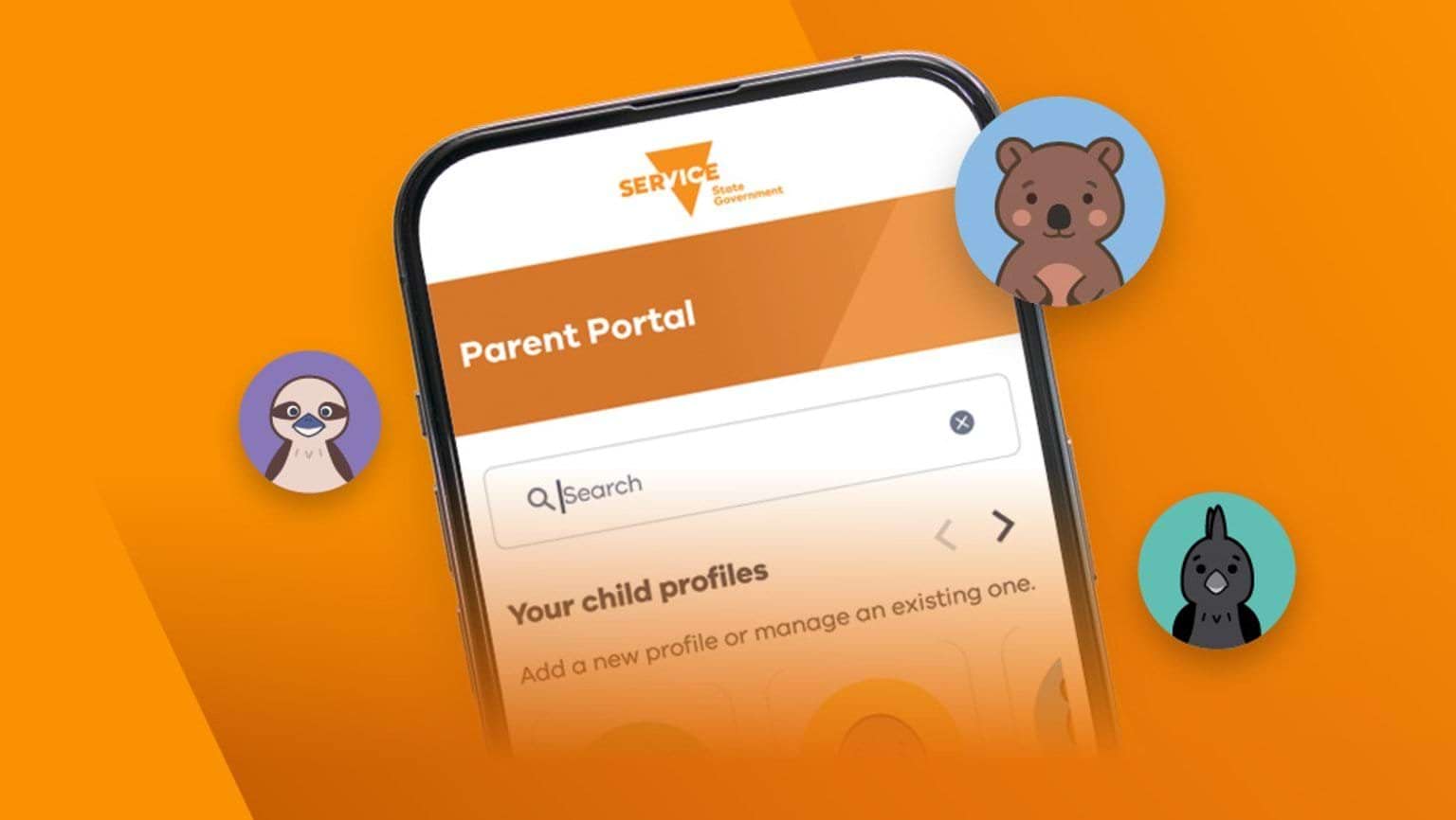 Image shows a mobile screen with the Parent Portal on it with animal avatars in circles against an orange background