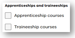Screenshot of apprenticeship and traineeship filter options on the Victorian Skills Gateway