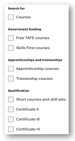 Screenshot of filters on the Victorian Skills Gateway