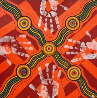 Bright acrylic Aboriginal artwork featuring bold reds, oranges and black, crossed by winding lines and dotted circular symbols. Hand shapes appear at the centre, with repeated circular patterns spreading outward, visually representing movement, connection between Gundikurii clans, and journeys across Country.