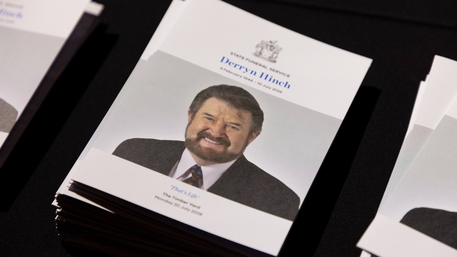 Order of Service booklet on a table at the Derryn Hinch State Funeral Service