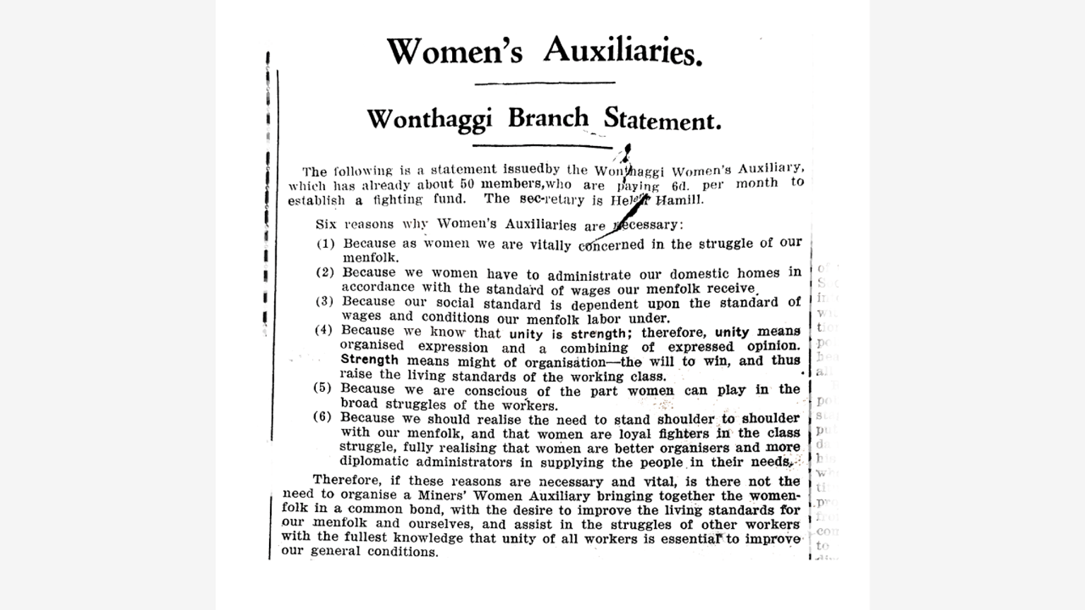 Wonthaggi Miners’ Women’s Auxiliary Branch Statement, Common Cause, Official organ of the Miners’ Federation, 1937.