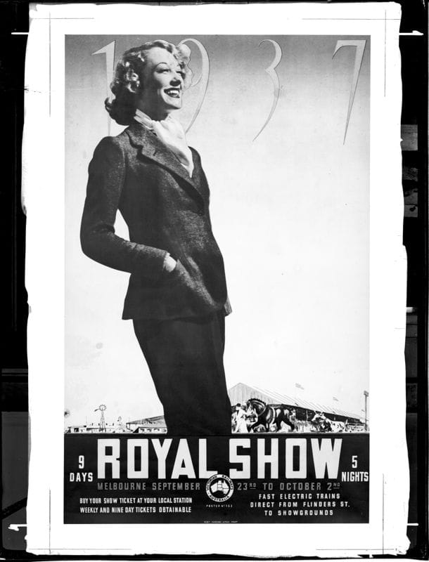 1937 vintage black and white poster featuring a woman in a hat with 1937 illustrated on it