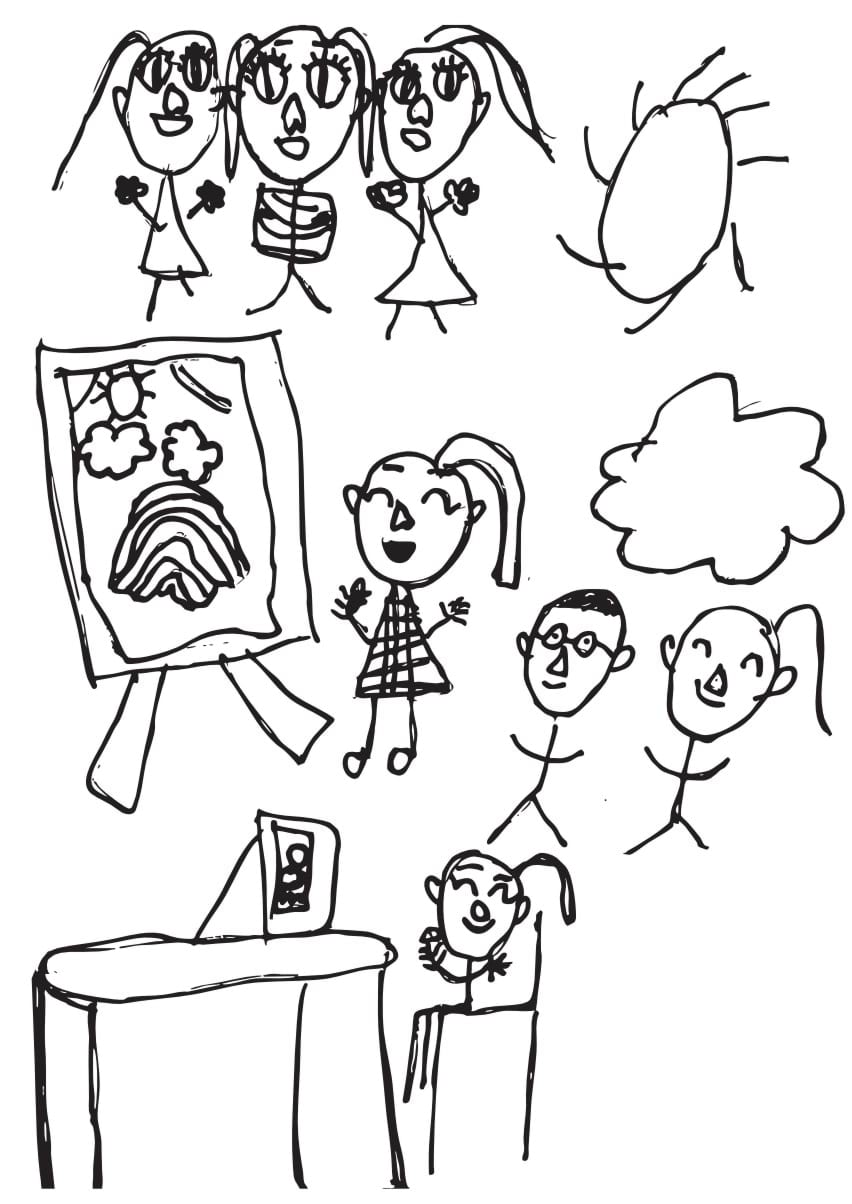 Child's drawing of children in a classroom and playing outside.