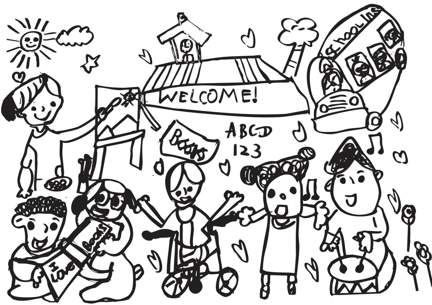 Child's drawing featuring children playing at school.