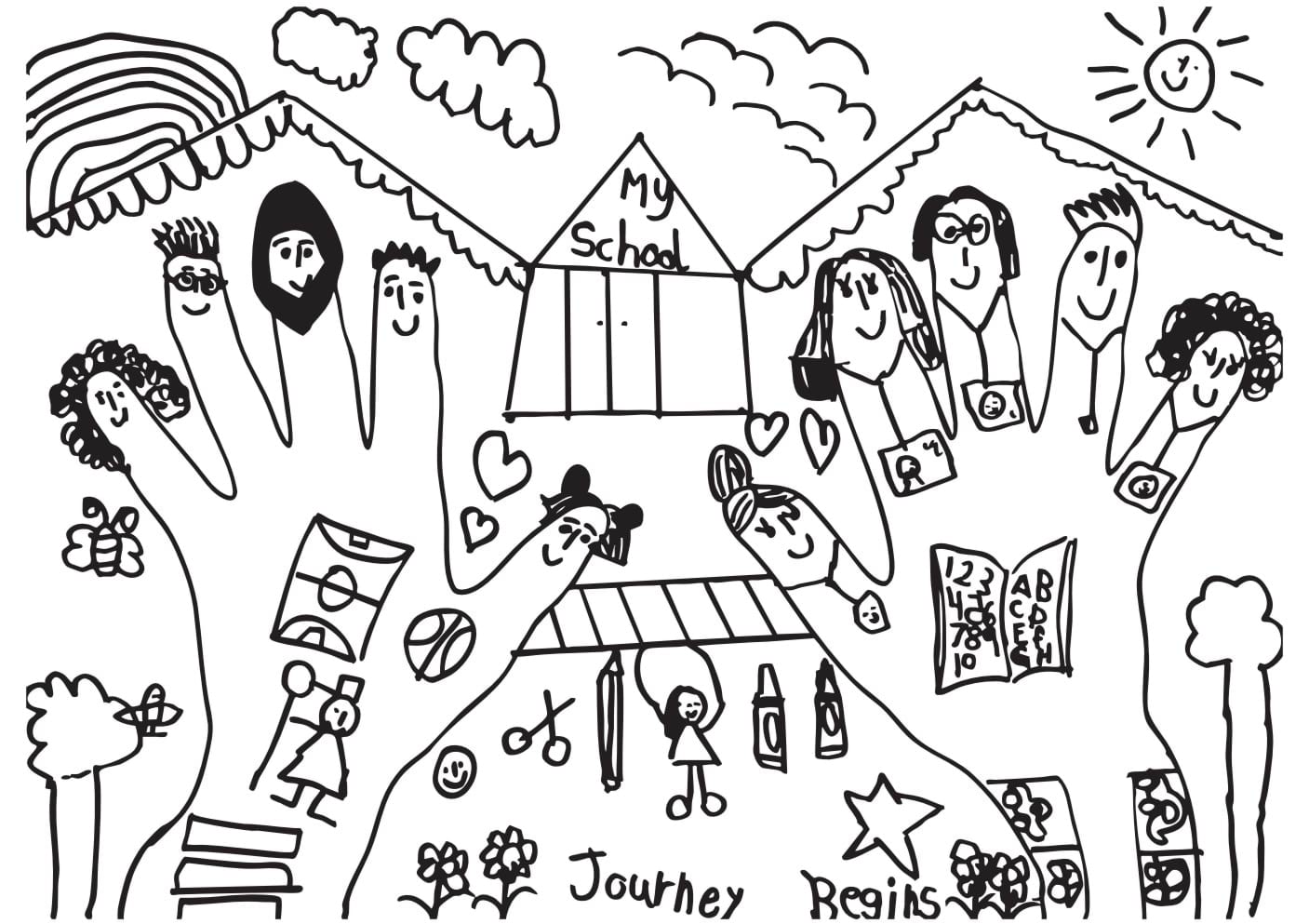 Child's drawing of hands with smiling faces on each finger with a school backdrop.
