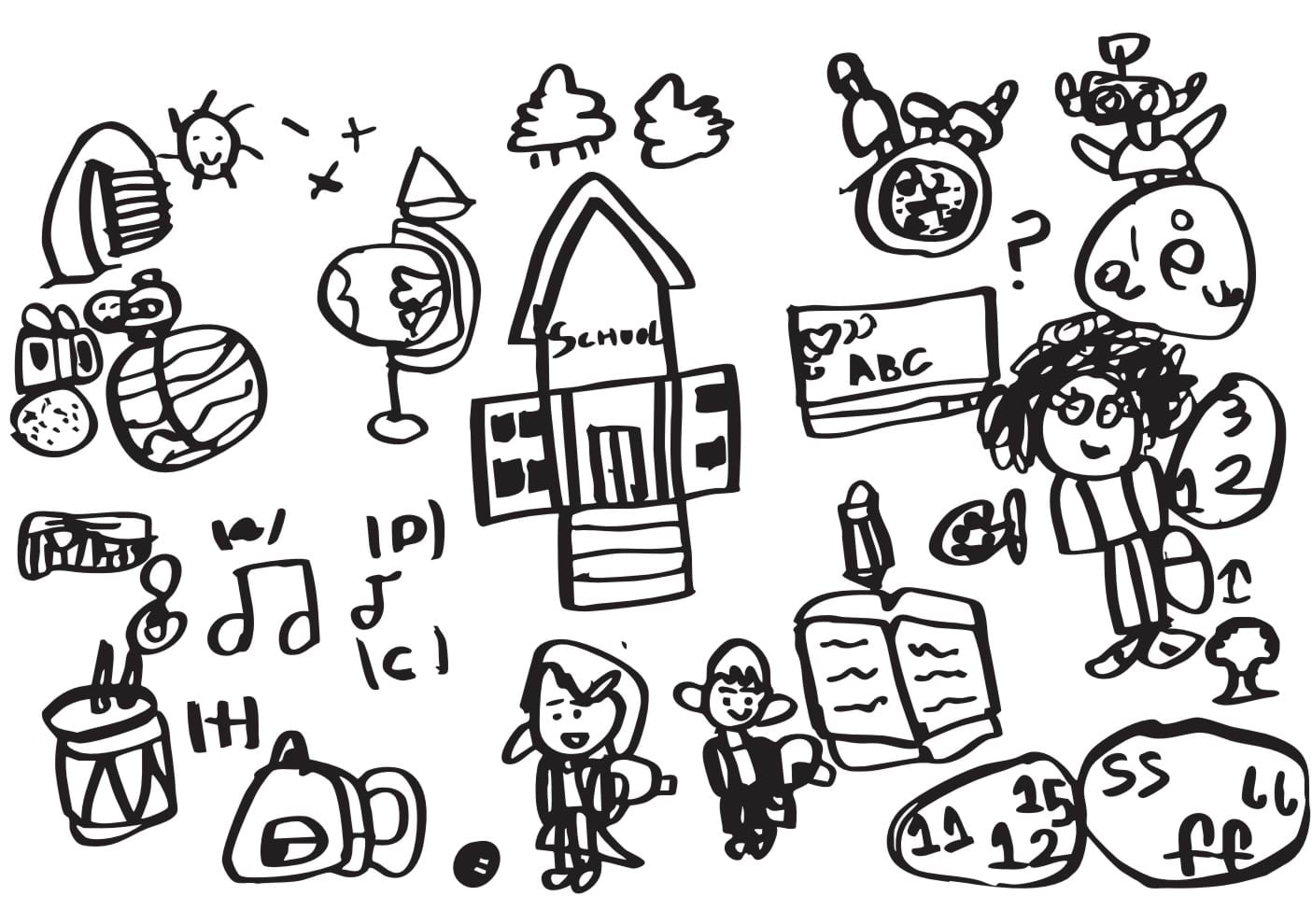 Child's drawing of a school surrounded by children, books, instruments and other school related things.