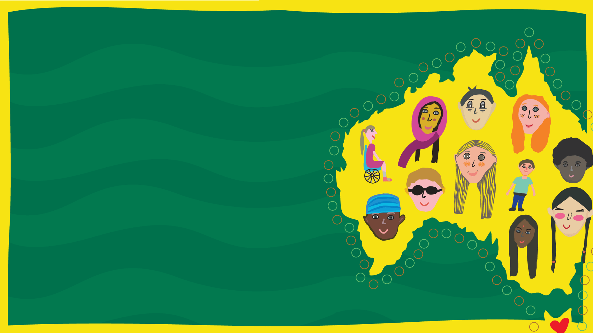 Cartoon image of children on a yellow map of Australia. The background is green.