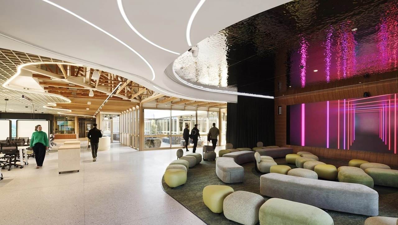 Students walking through the forum meeting space at Brimbank Tech School.