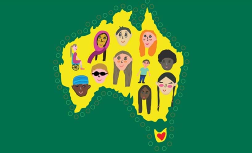 A map of Australia filled with drawings of children’s faces, including a child using a wheelchair.