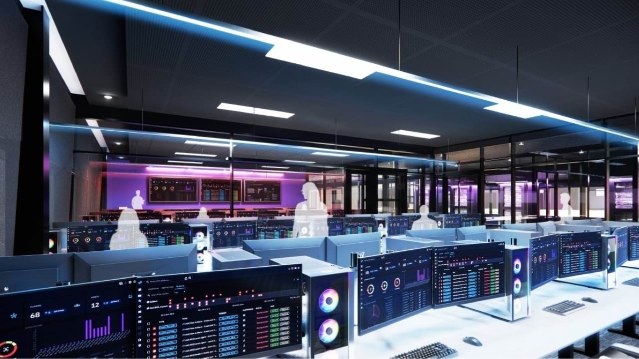 An artist's render of a modern interior space with many workstations side by side. The ambient lighting is blue and purple. Silhouettes of people are shown interacting with the space. 