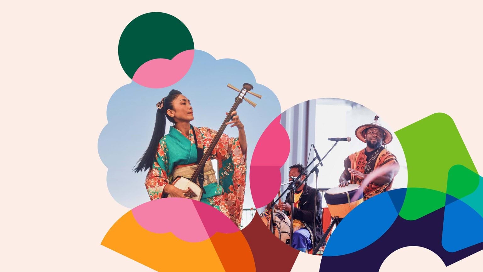 Collage of musicians performing, featuring a woman playing a traditional string instrument and drummers on stage, overlaid with colourful abstract shapes.