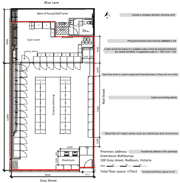 A drawing in black of the layout of the shop venue with pictures showing bathrooms, shelving and entry and exists. The shop floor, registers and cool room are outlined in red. The toilets and back of house area is not included in the red line. The address, a scale and a compass point north have been included.