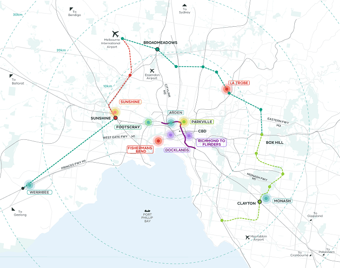 Image of a map shoeing the various precincts across metropolitan Melbourne